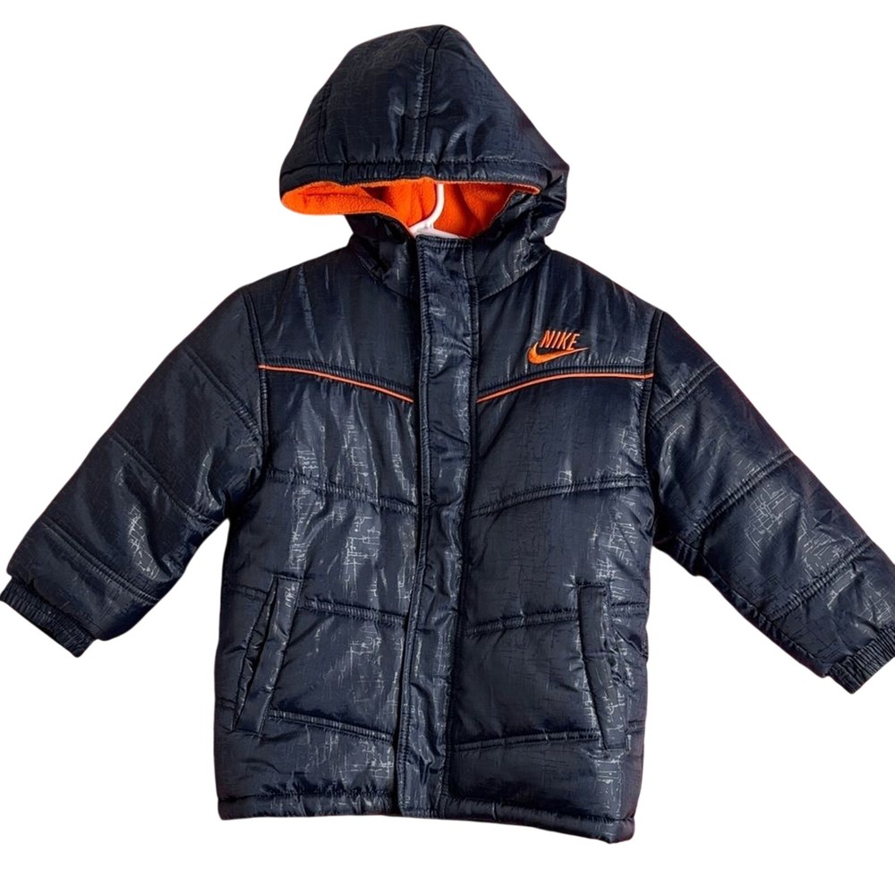NIKE Little Boys Blue Orange Patterned Blue Orange Hooded Puffer Coat Size 5